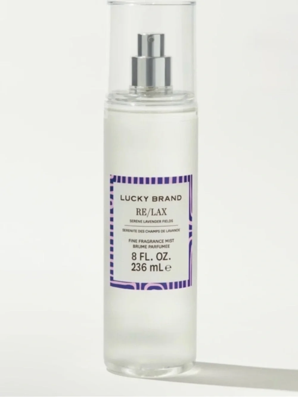 Lucky Brand RE/LAX Fine Fragrance Mist – Clear Bottle with Purple Label